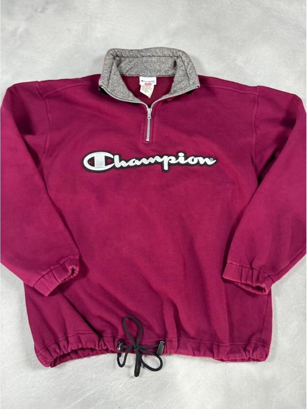 Vintage 90s Champion Spellout Quarter Zip Sweatshirt Medium Burgundy Cinch Hem